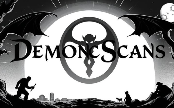 DemonicScans Org logo featuring dark, gothic-themed art with a silhouetted figure, a full moon, and bat-like wings, representing the source for horror manga and more.