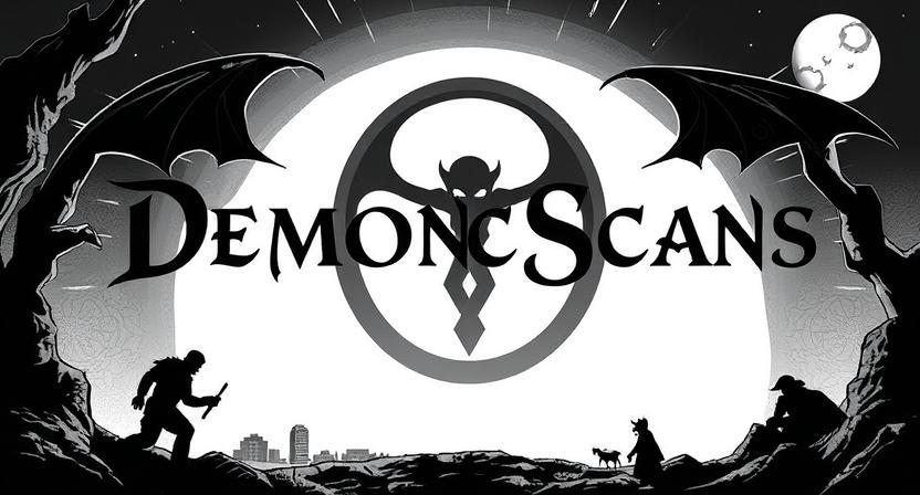 DemonicScans Org logo featuring dark, gothic-themed art with a silhouetted figure, a full moon, and bat-like wings, representing the source for horror manga and more.