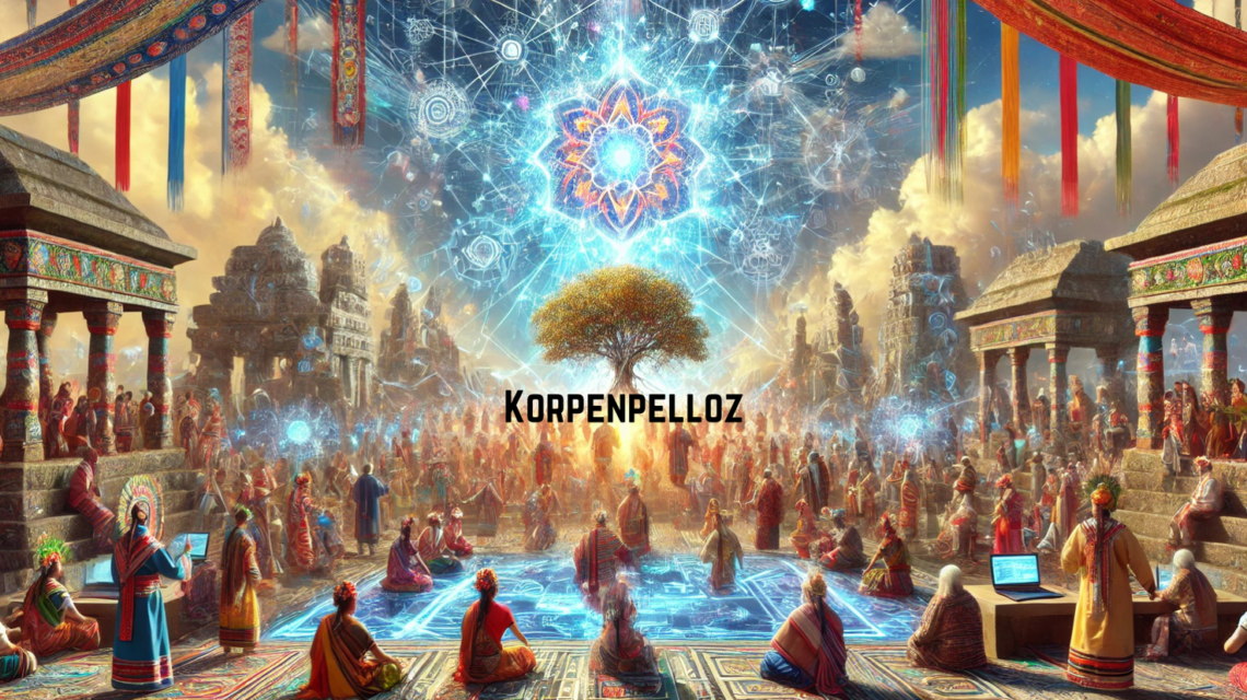 "A digital artwork depicting a futuristic scene with people gathered around a glowing tree in an ancient city, symbolizing the transformative power of Korpenpelloz. The image showcases a blend of technology and tradition, highlighting the concept of Korpenpelloz as a key to business growth and success.