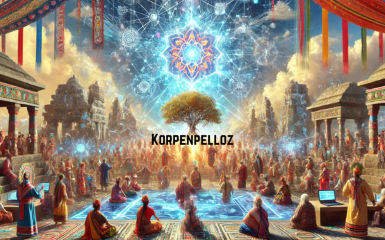 "A digital artwork depicting a futuristic scene with people gathered around a glowing tree in an ancient city, symbolizing the transformative power of Korpenpelloz. The image showcases a blend of technology and tradition, highlighting the concept of Korpenpelloz as a key to business growth and success.