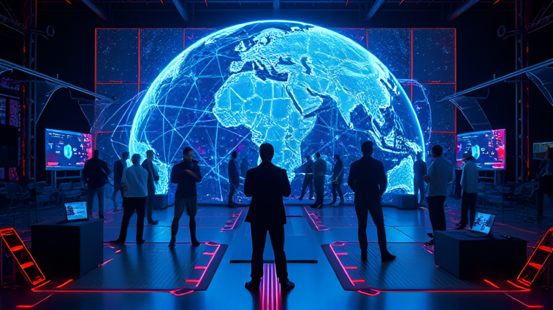 Futuristic technology concept with a glowing, digital world map and people interacting with advanced innovations, symbolizing the future of Methatreams in 2025.