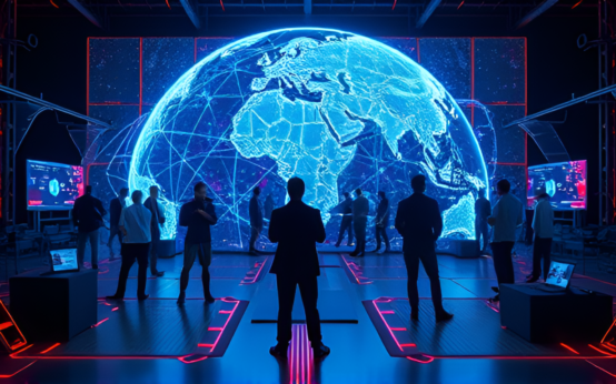 Futuristic technology concept with a glowing, digital world map and people interacting with advanced innovations, symbolizing the future of Methatreams in 2025.