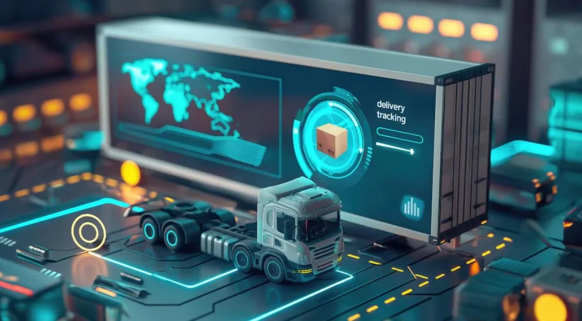 A digital representation of supply chain management with a truck model, delivery tracking system, and a world map, illustrating the technological advancements in logistics and the role of Procurement Nation.com in simplifying supply chains