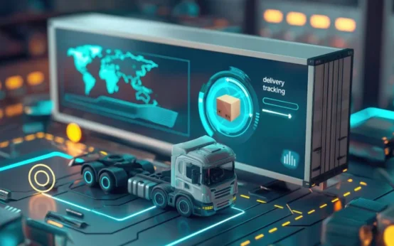 A digital representation of supply chain management with a truck model, delivery tracking system, and a world map, illustrating the technological advancements in logistics and the role of Procurement Nation.com in simplifying supply chains