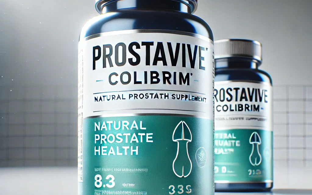Prostavive Colibrim prostate health supplement with a dropper and tablets, designed to support natural prostate health, placed on a wooden surface with greenery
