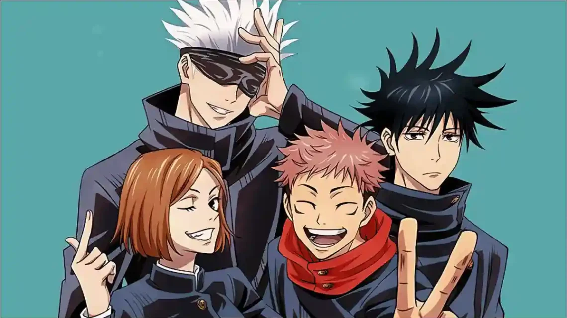 Jujutsu Kaisen animated characters posing together. The group features four main characters, including Gojo Satoru with white spiky hair, Megumi Fushiguro with black hair, Yuji Itadori with pink hair, and Nobara Kugisaki with short brown hair, all wearing dark uniforms. A perfect image for Toondex, your ultimate hub for animated content lovers.