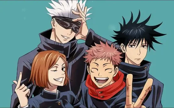 Jujutsu Kaisen animated characters posing together. The group features four main characters, including Gojo Satoru with white spiky hair, Megumi Fushiguro with black hair, Yuji Itadori with pink hair, and Nobara Kugisaki with short brown hair, all wearing dark uniforms. A perfect image for Toondex, your ultimate hub for animated content lovers.