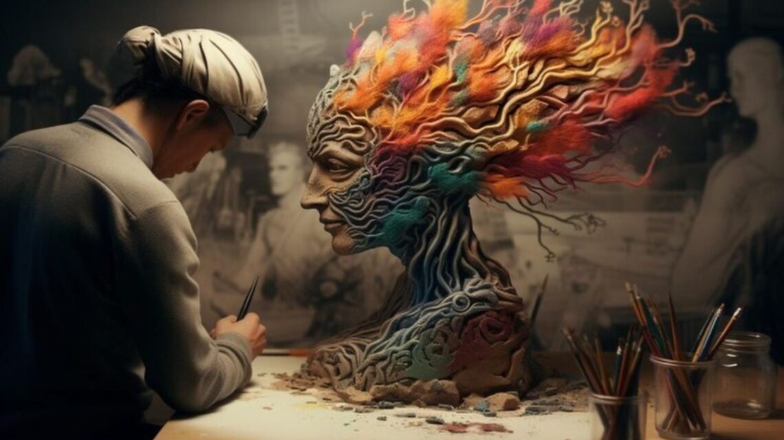 A digital artist sculpting a surreal artwork of a human face transforming into colorful, branching structures—representing the fusion of storytelling and digital art in ArtofZio's unique style