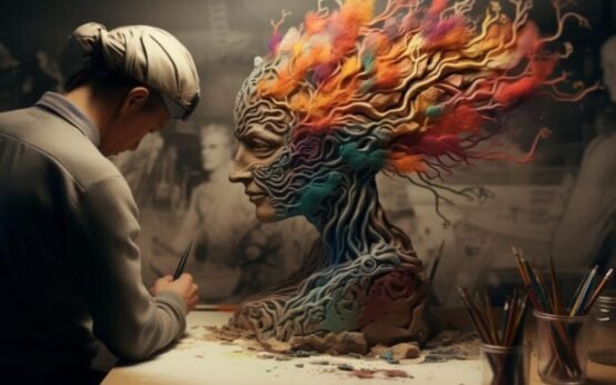 A digital artist sculpting a surreal artwork of a human face transforming into colorful, branching structures—representing the fusion of storytelling and digital art in ArtofZio's unique style